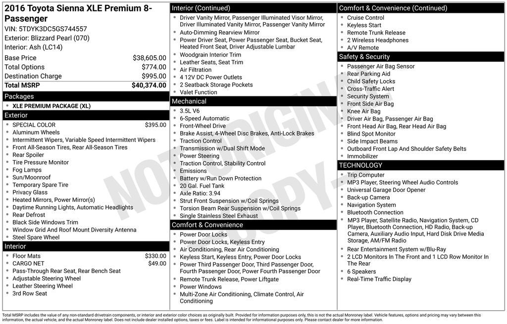 2016 Toyota Sienna XLE Premium 8 Passenger